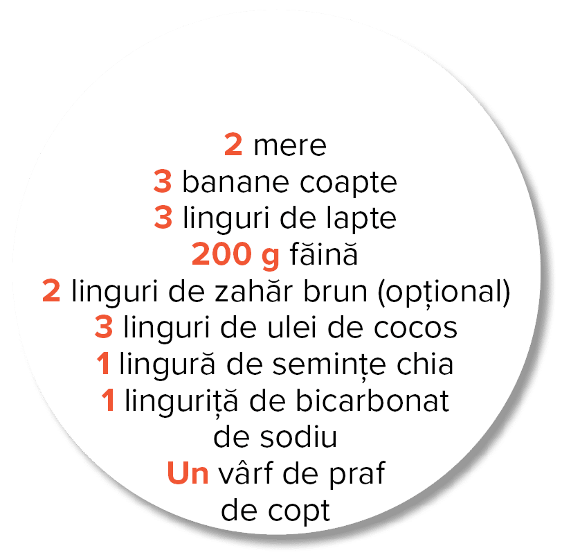   2 mere 3 banane coapte 3 linguri de lapte 200 g făină 2 linguri de zahăr brun (opțional) 3 linguri de ulei de cocos   