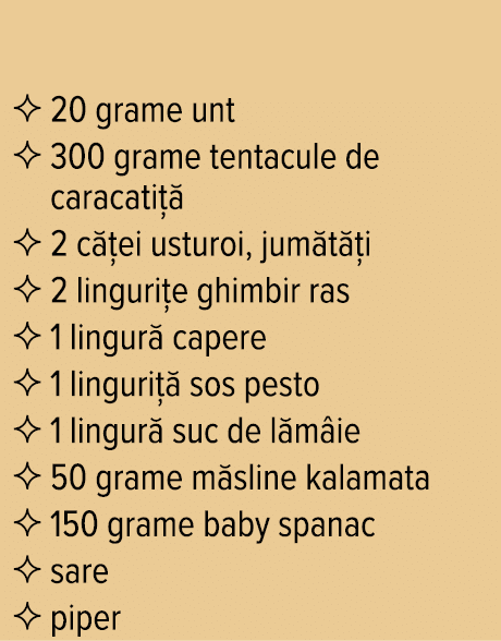  20 grame unt    300 grame tentacule de caracatiță   2 căței usturoi, jumătăți   2 lingurițe ghimbir ras   1 lingură   