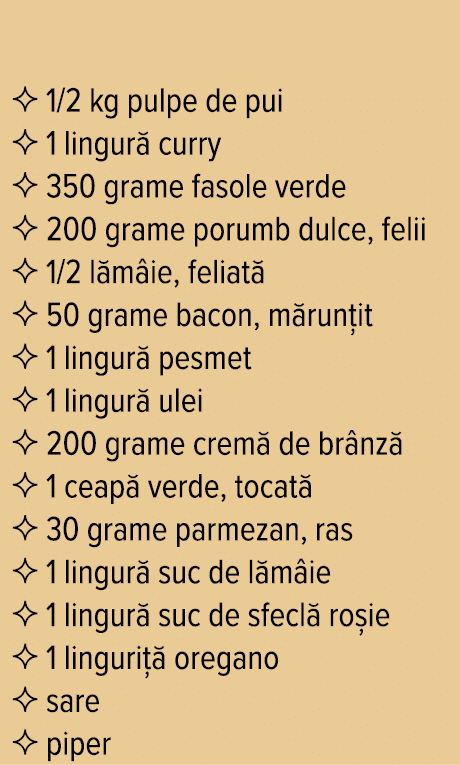   1 2 kg pulpe de pui   1 lingură curry   350 grame fasole verde   200 grame porumb dulce, felii   1 2 lămâie, feliat   