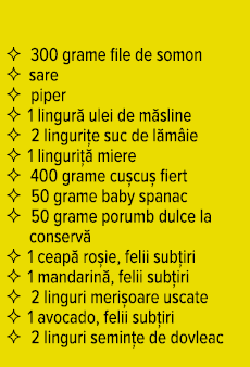   300 grame file de somon    sare    piper    1 lingură ulei de măsline    2 lingurițe suc de lămâie    1 linguriță    