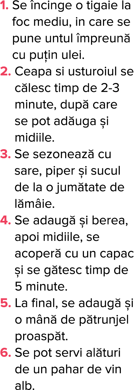 1   Se  ncinge o tigaie la foc mediu, in care se pune untul  mpreun  cu pu in ulei  2   Ceapa si usturoiul se c lesc    