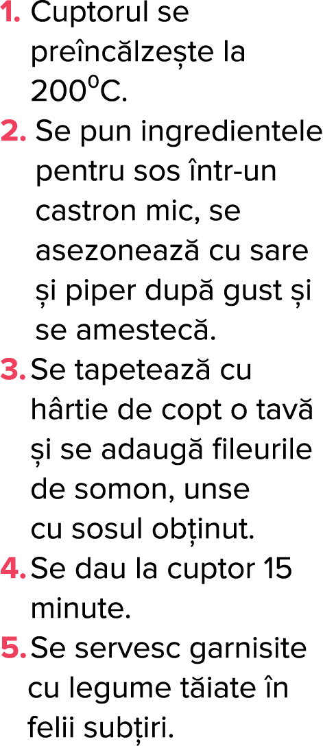 1   Cuptorul se pre nc lze te la 200 C  2   Se pun ingredientele pentru sos  ntr-un castron mic, se asezoneaz  cu sar   