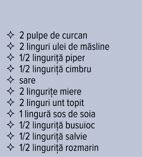   2 pulpe de curcan   2 linguri ulei de măsline   1 2 linguriță piper   1 2 linguriță cimbru   sare   2 lingurițe mie   