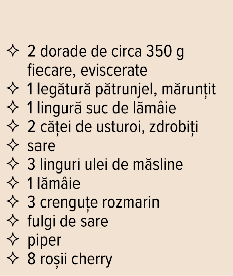    2 dorade de circa 350 g fiecare, eviscerate   1 legătură pătrunjel, mărunțit   1 lingură suc de lămâie   2 căței d   