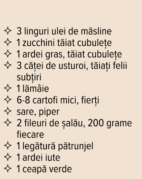    3 linguri ulei de măsline    1 zucchini tăiat cubulețe    1 ardei gras, tăiat cubulețe    3 căței de usturoi, tăia   