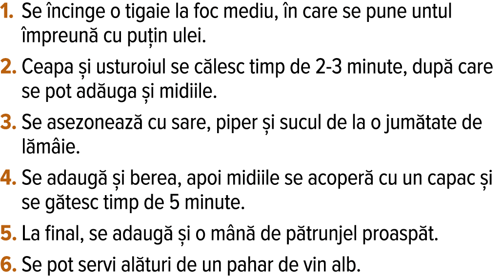 Se încinge o tigaie la foc mediu, în care se pune untul împreună cu puțin ulei   Ceapa și usturoiul se călesc timp d   