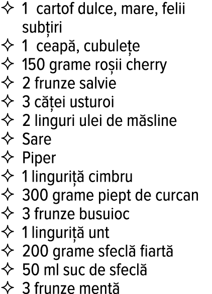    1 cartof dulce, mare, felii subțiri    1 ceapă, cubulețe   150 grame roșii cherry   2 frunze salvie   3 căței ustu   