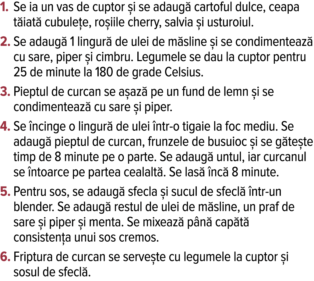  Se ia un vas de cuptor și se adaugă cartoful dulce, ceapa tăiată cubulețe, roșiile cherry, salvia și usturoiul   Se    