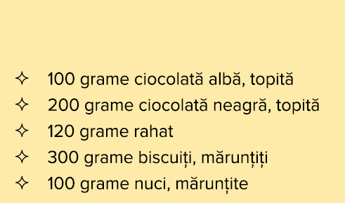   100 grame ciocolat  alb , topit    200 grame ciocolat  neagr , topit    120 grame rahat   300 grame biscui i, m run   