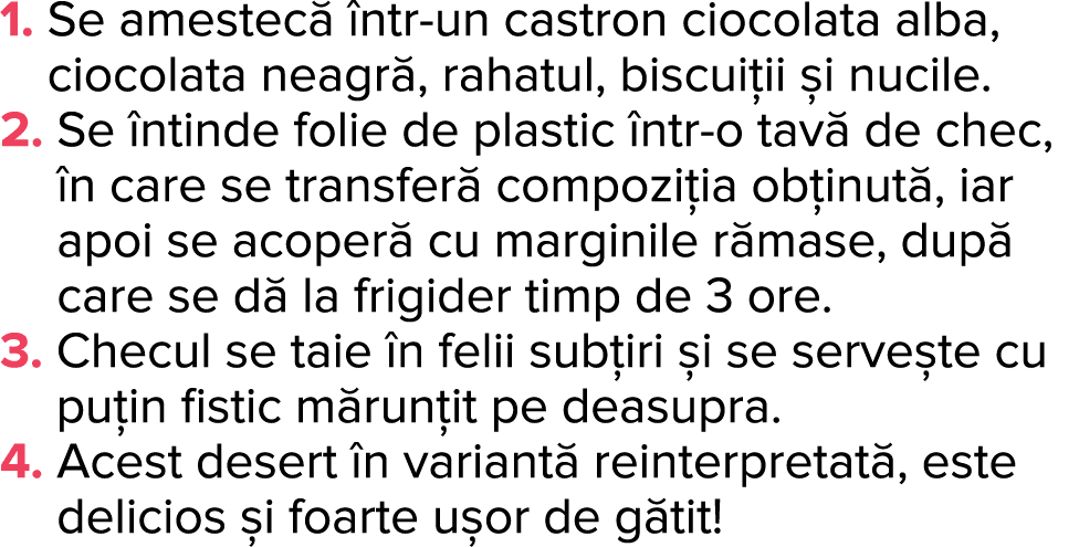 1   Se amestec   ntr-un castron ciocolata alba, ciocolata neagr , rahatul, biscui ii  i nucile  2   Se  ntinde folie    
