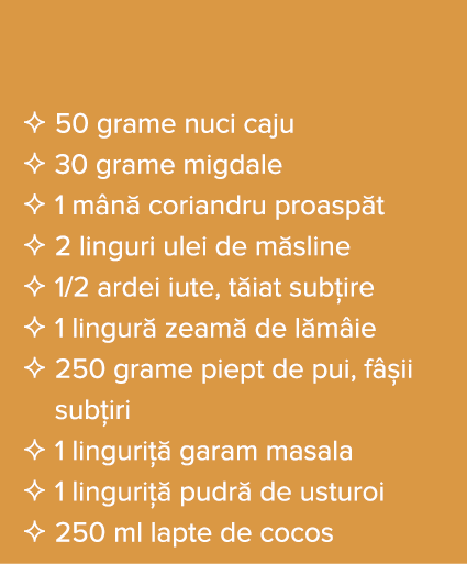     50 grame nuci caju     30 grame migdale     1 m n  coriandru proasp t     2 linguri ulei de m sline     1 2 ardei   