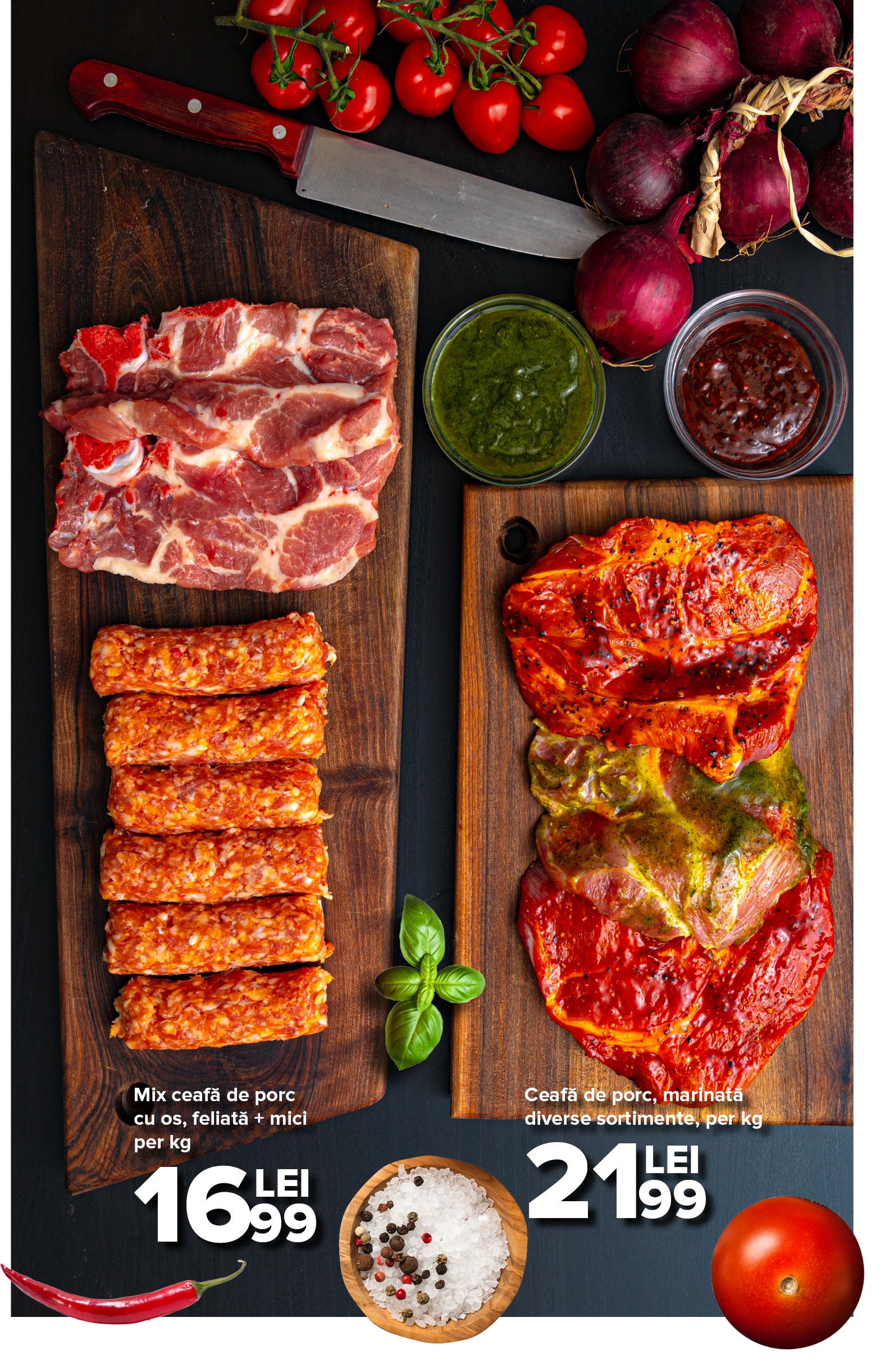 Ceaf  de porc, marinat  diverse sortimente, per kg ,Mix ceaf  de porc cu os, feliat  + mici per kg 