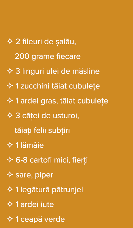   2 fileuri de  al u,   200 grame fiecare    3 linguri ulei de m sline   1 zucchini t iat cubule e   1 ardei gras, t    